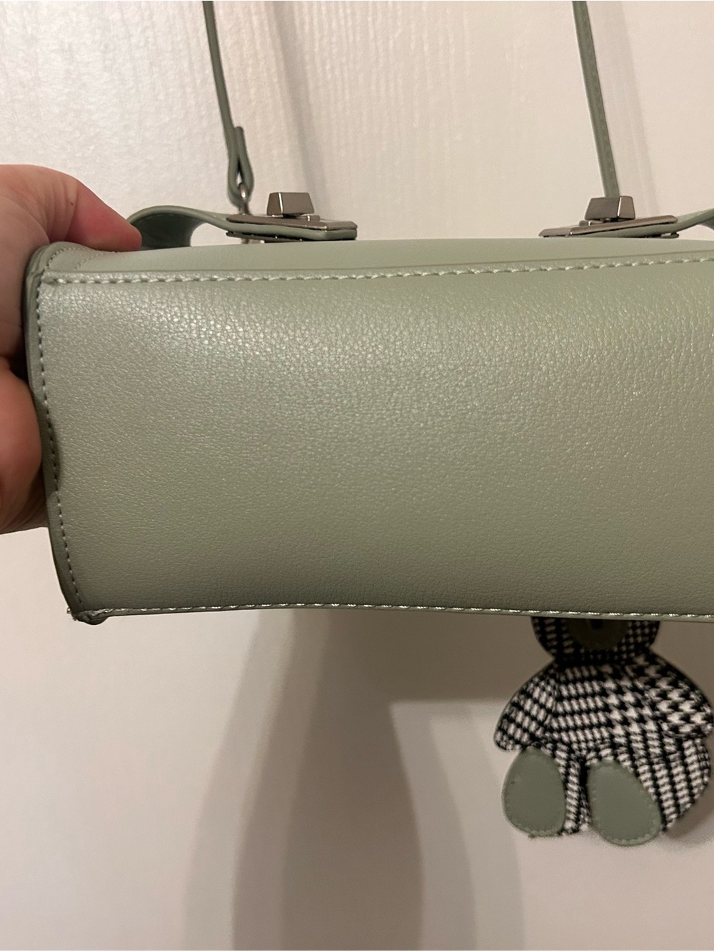 Steve Madden Sage Green Mini Satchel with Houndstooth Teddy Charm - Picture 5 of 9